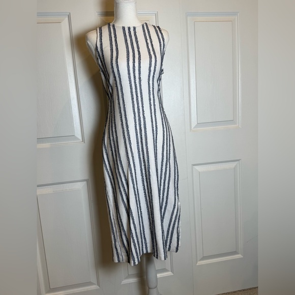 LOFT Textured Stripe Midi Dress Small Neutral Sleeveless Tie Waist - Picture 8 of 10
